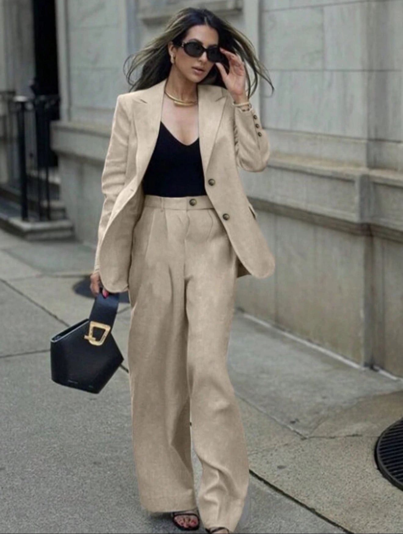 Women's Solid Color Front Button Closure Long Sleeve Blazer Jacket And Pants Elegant Suit Set