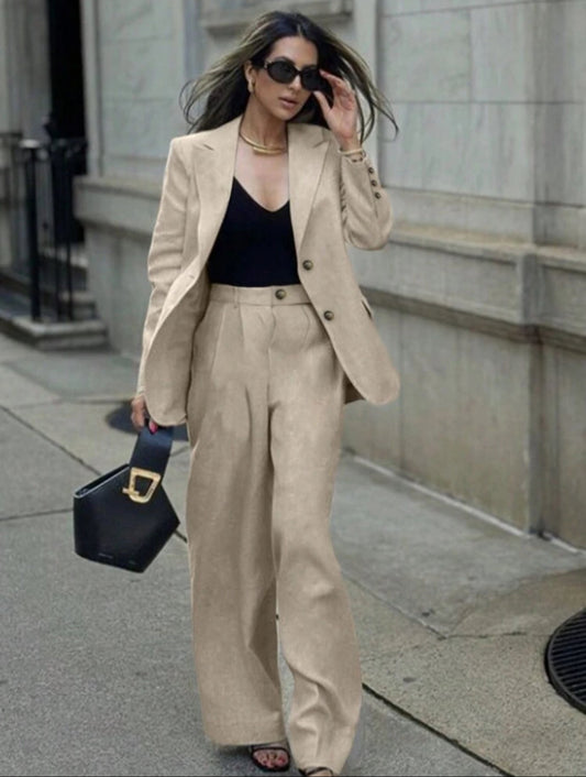 Women's Solid Color Front Button Closure Long Sleeve Blazer Jacket And Pants Elegant Suit Set