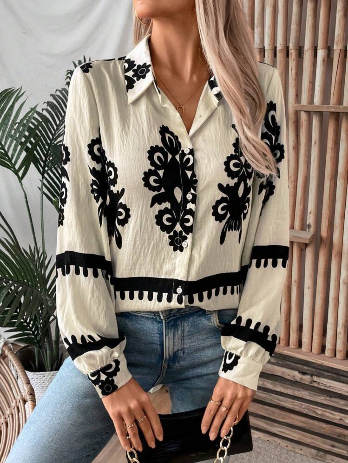 SHEIN LUNE All Over Print Collar Drop Shoulder Shirt, Long Sleeve Tops